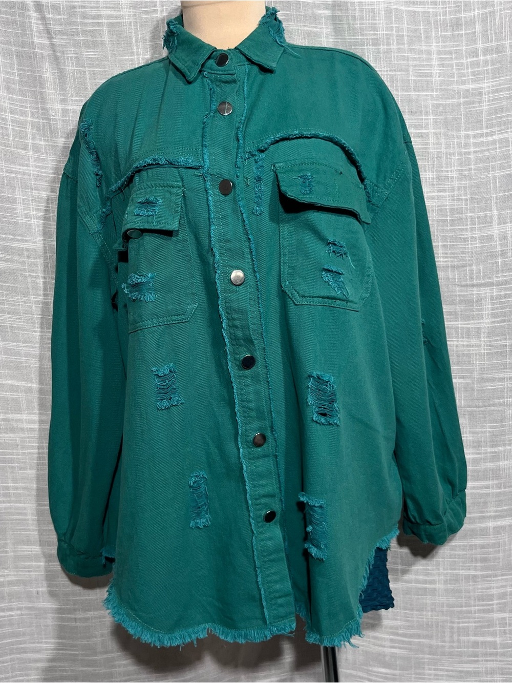 Distressed Green Button-Front Jean Jacket - Picture 2 of 14